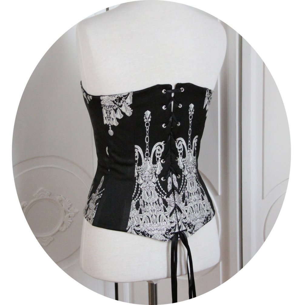 Bustier- corset Baroque, motif argent sur fond noir, bustier baroque noir et argent,corset baroque noir et argent,chandelier argent, lacage--9995494795840