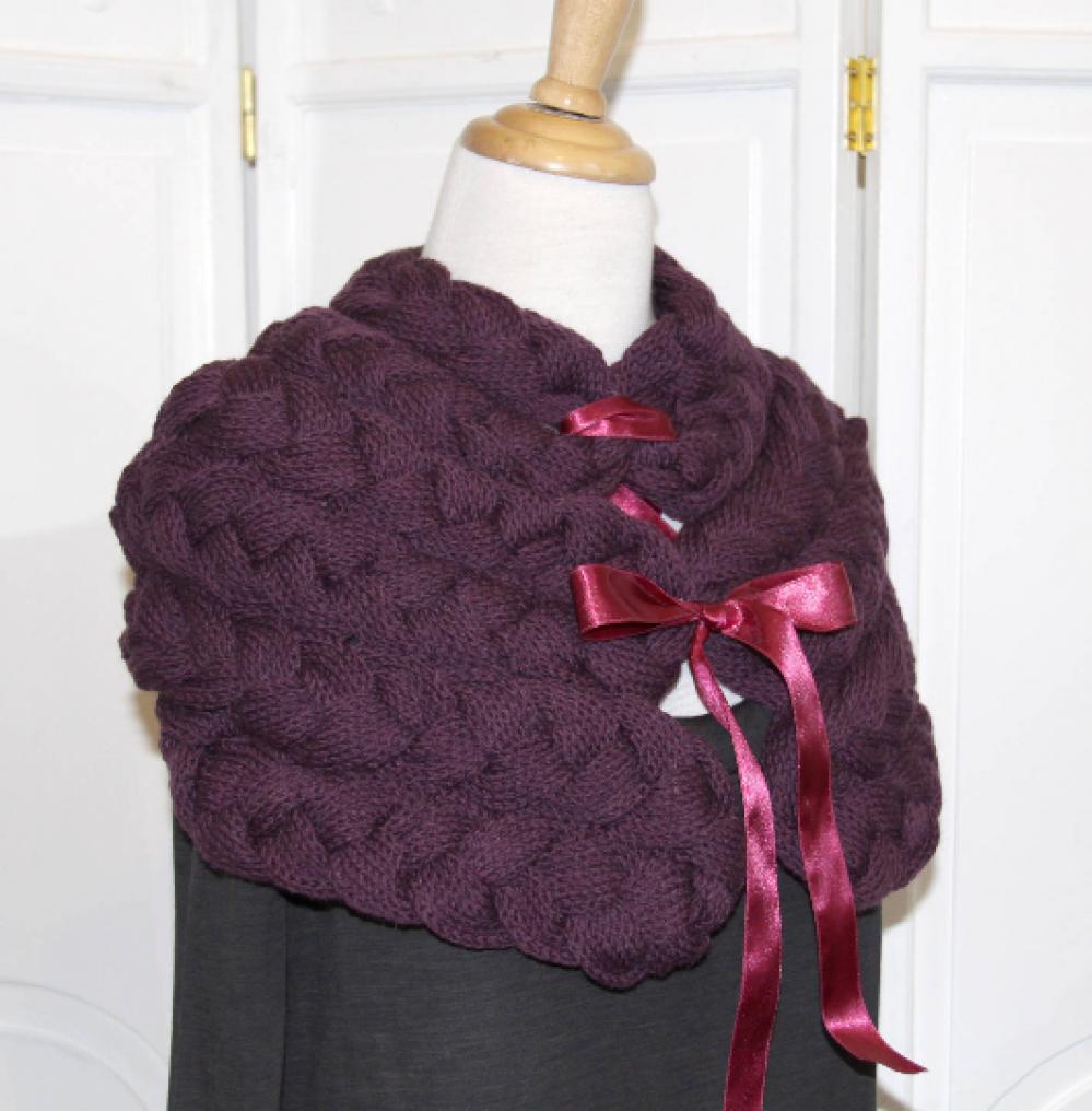 Chauffe épaule en laine mauve tricoté avec noeud en satin--9995983500429