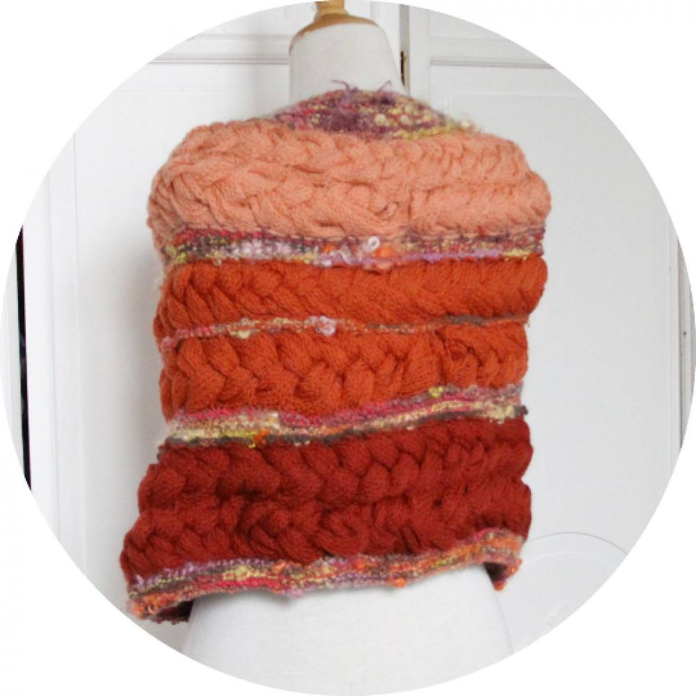 Chauffe-epaule tresse en laine rose saumon corail et laine artisanale--9995983509064
