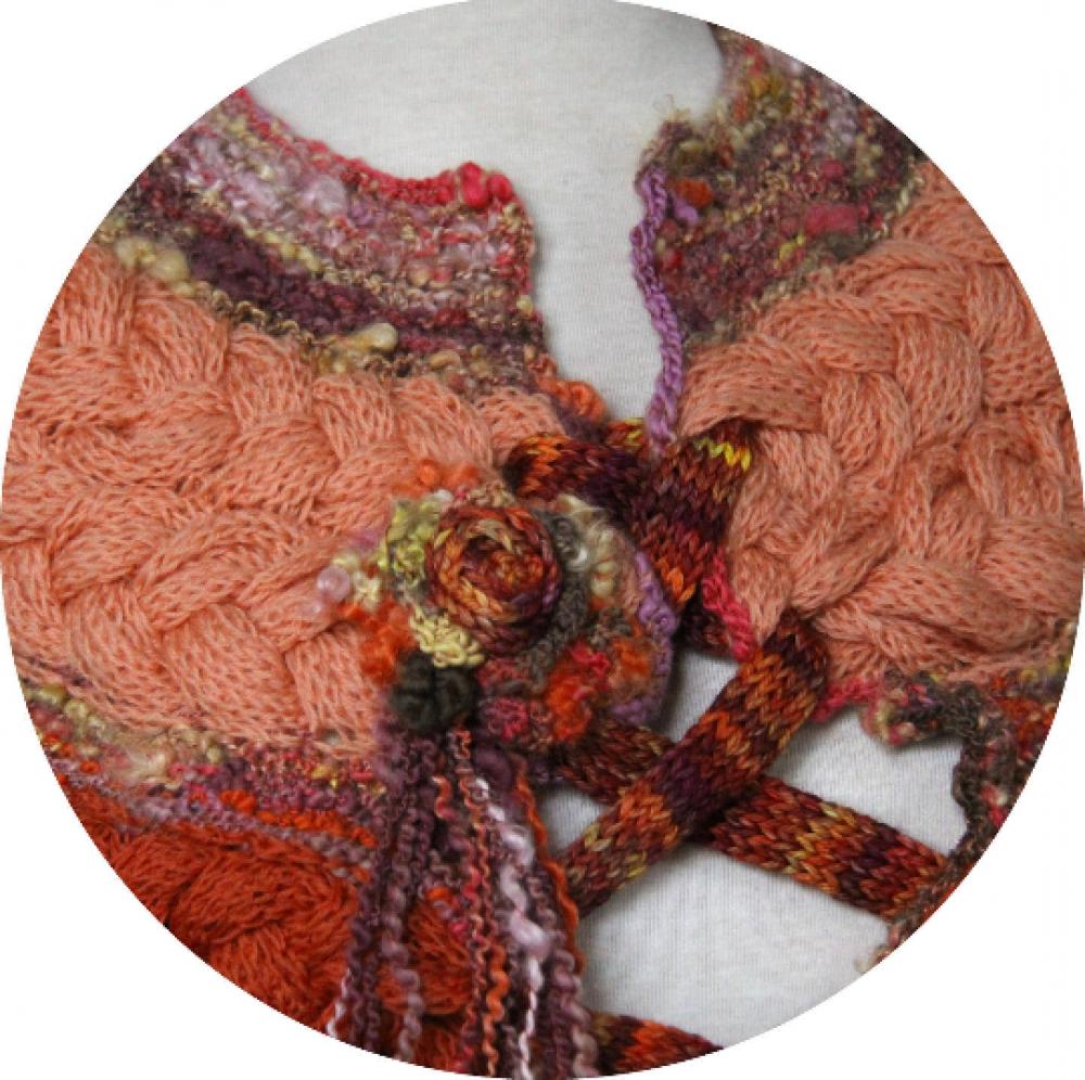 Chauffe-epaule tresse en laine rose saumon corail et laine artisanale--9995983509064