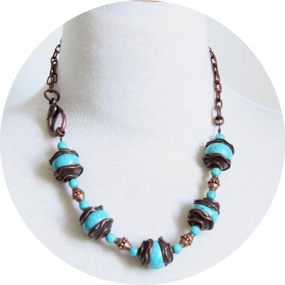 Collier esprit antique en pierre howlite bleu turquoise et perles en cuivre sur chaine cuivre--9995588152016