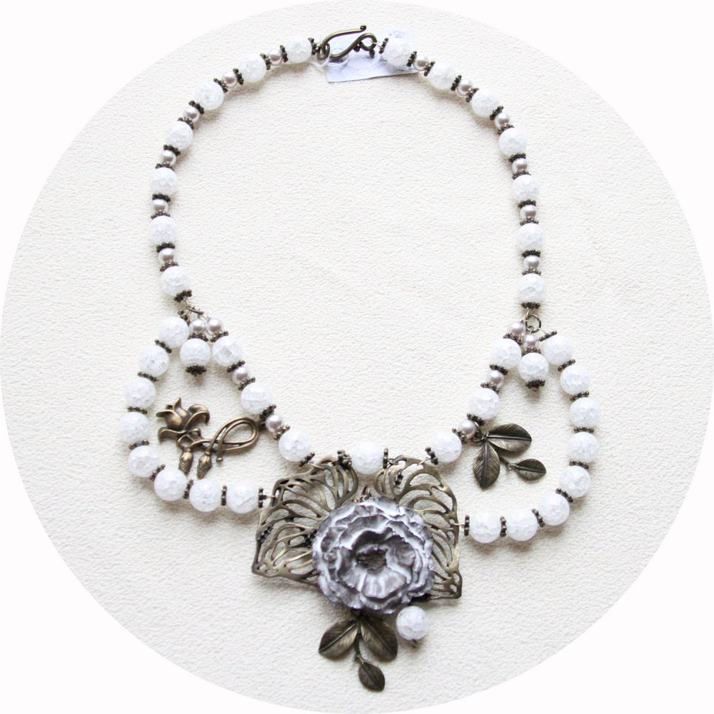 Collier floral coquelicot blanc en céramique et perles en quartz blanc--9995861800955
