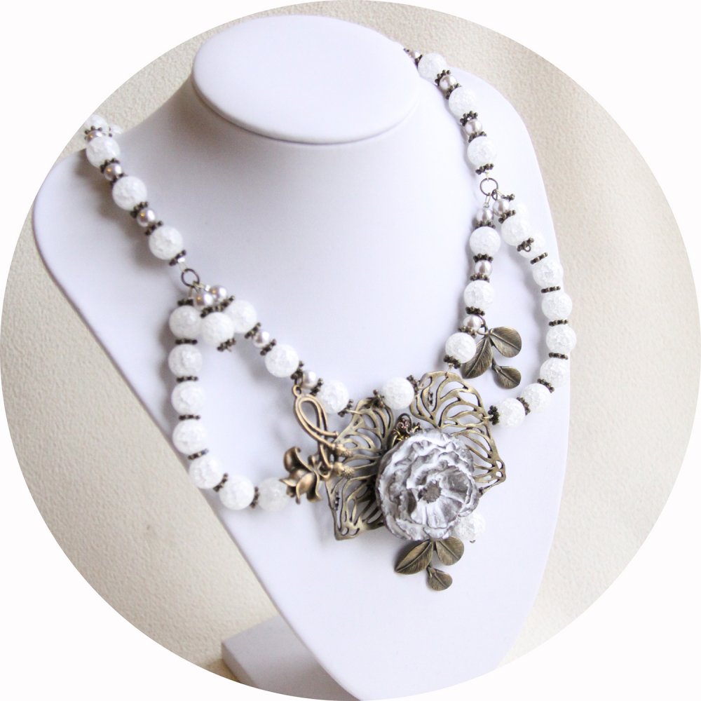 Collier floral coquelicot blanc en céramique et perles en quartz blanc--9995861800955