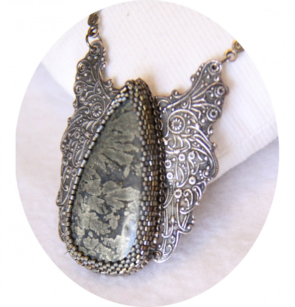Collier goutte de marcassite grise en broderie de perles japonaises argent--2226458985616