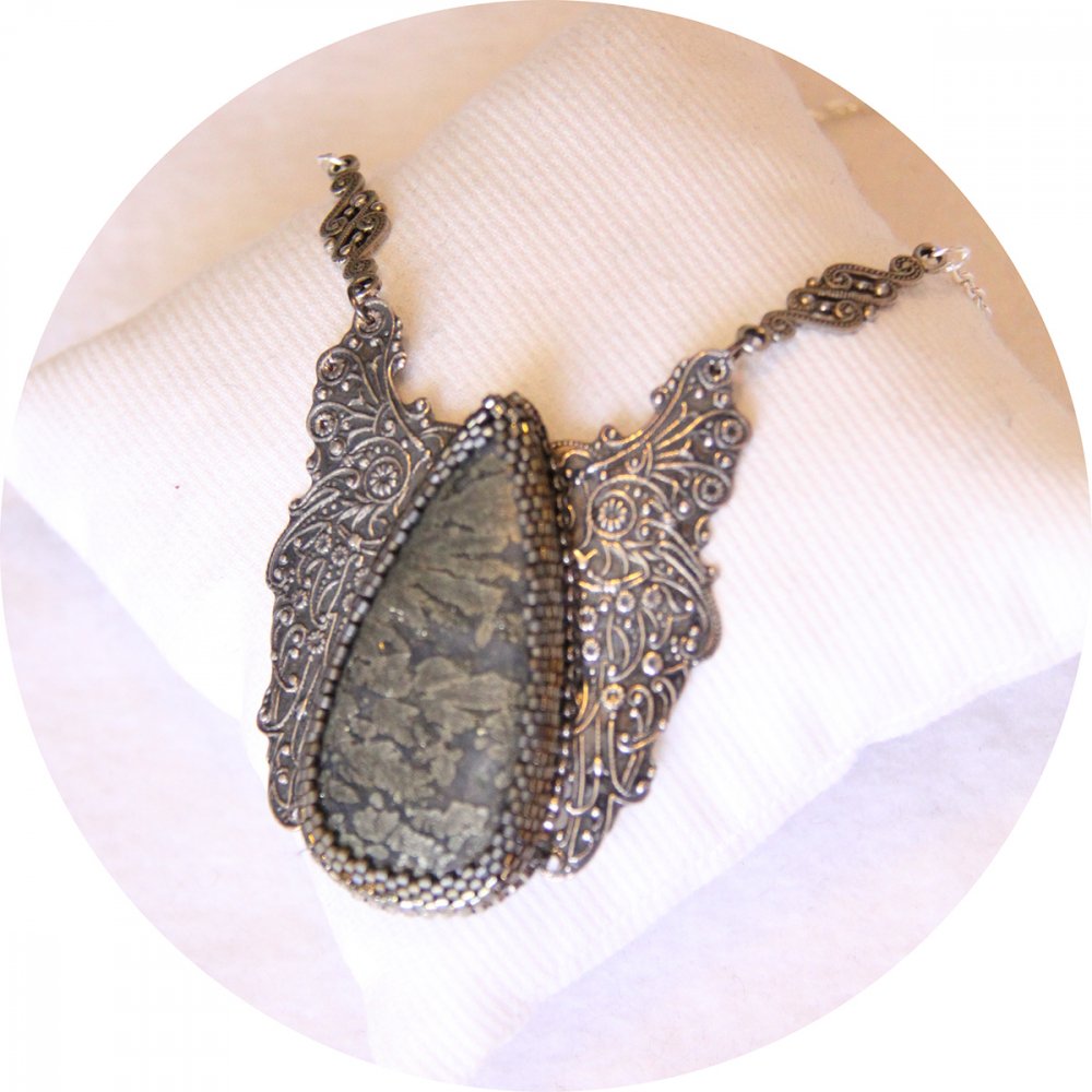 Collier goutte de marcassite grise en broderie de perles japonaises argent--2226458985616