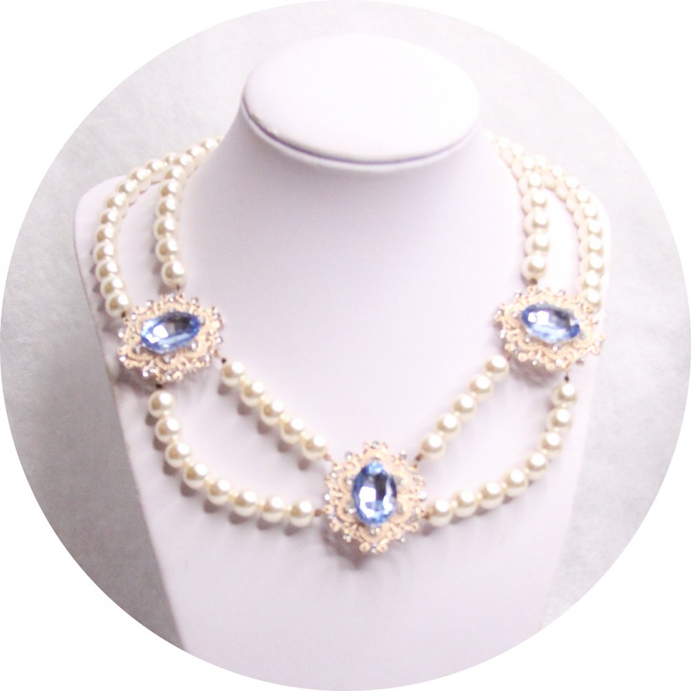 Collier Marquise en perles de nacre et strass bleu--2226749922047