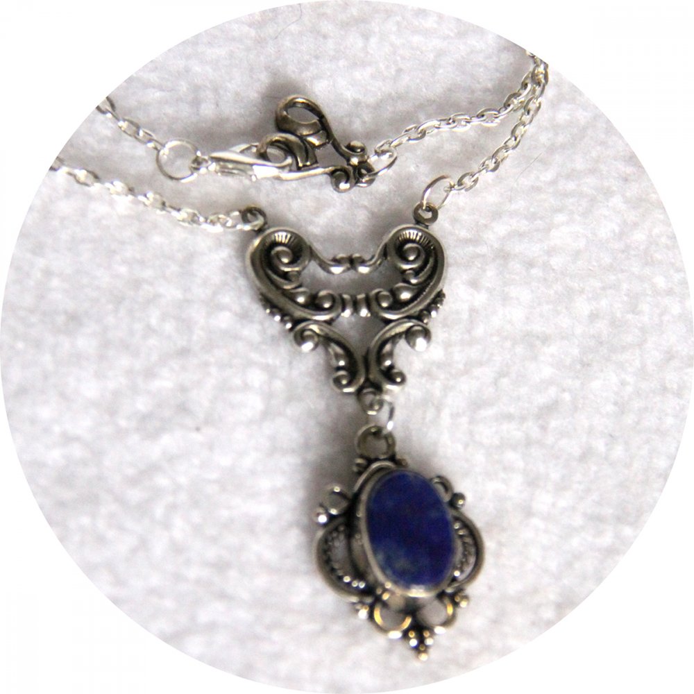 Collier médaillon en lapis lazuli et estampe baroque argent--9996141910555