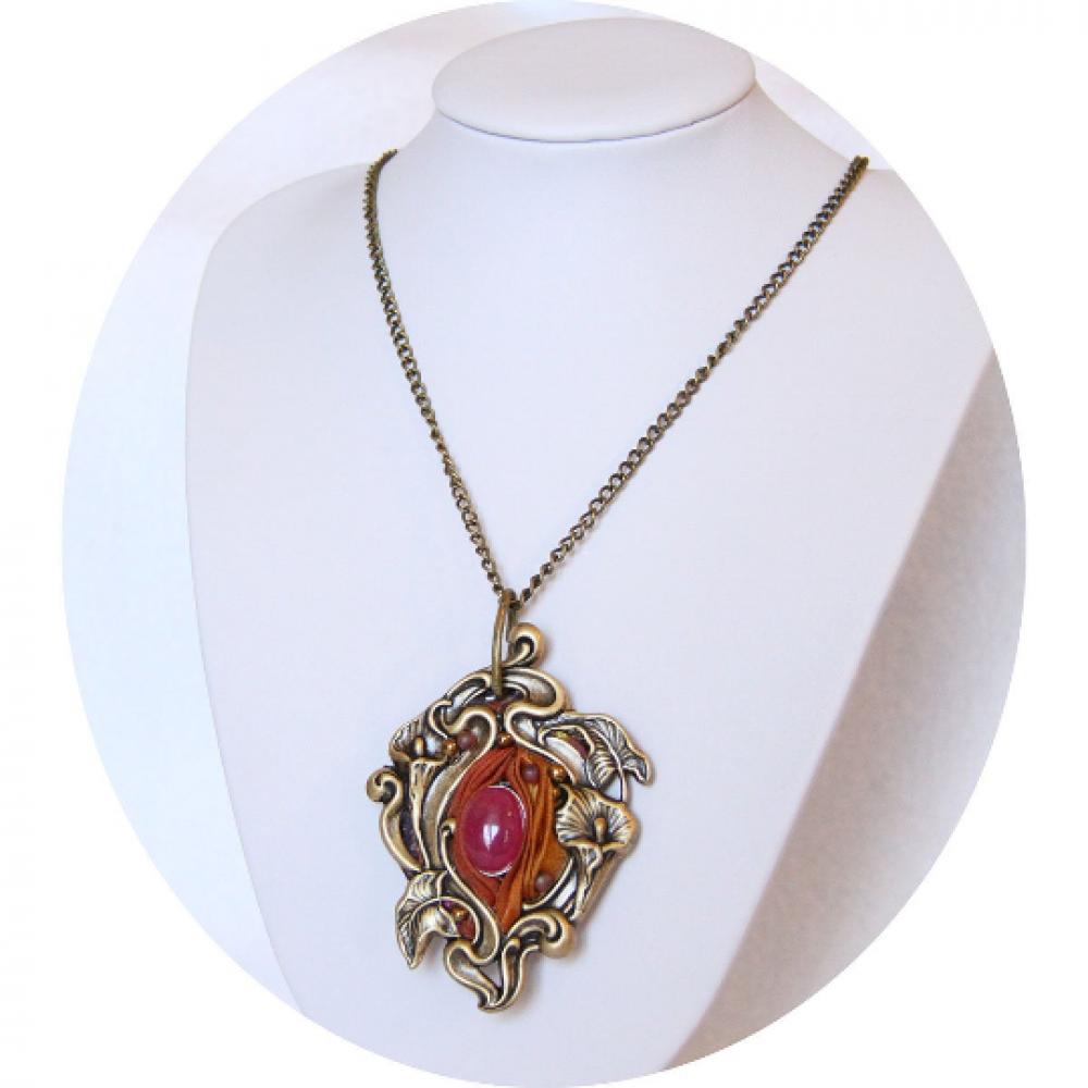 Collier Art nouveau médaillon Lys en ruban de soie shibori orange cabochon pierre rose et laiton bronze--9995589888471
