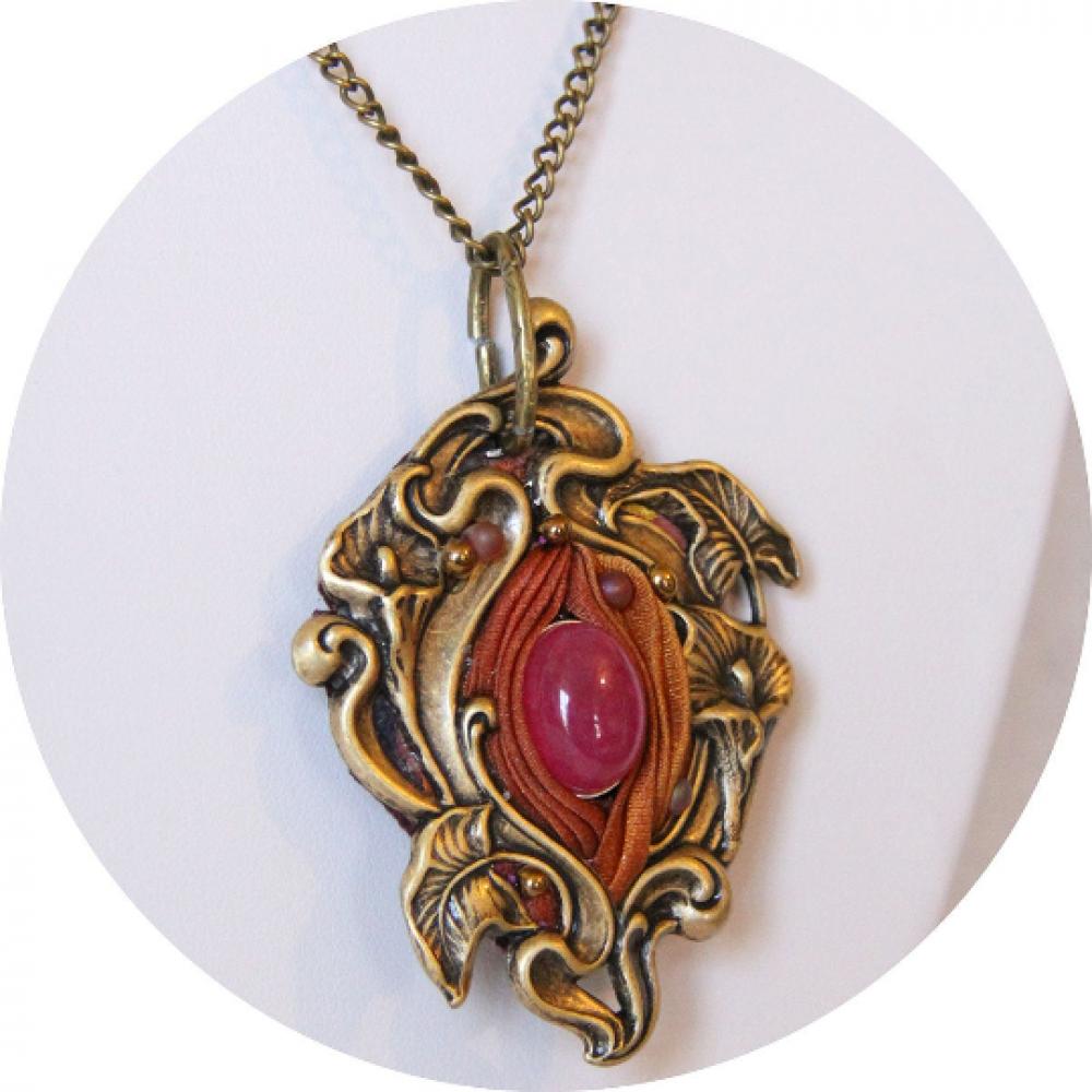 Collier Art nouveau médaillon Lys en ruban de soie shibori orange cabochon pierre rose et laiton bronze--9995589888471