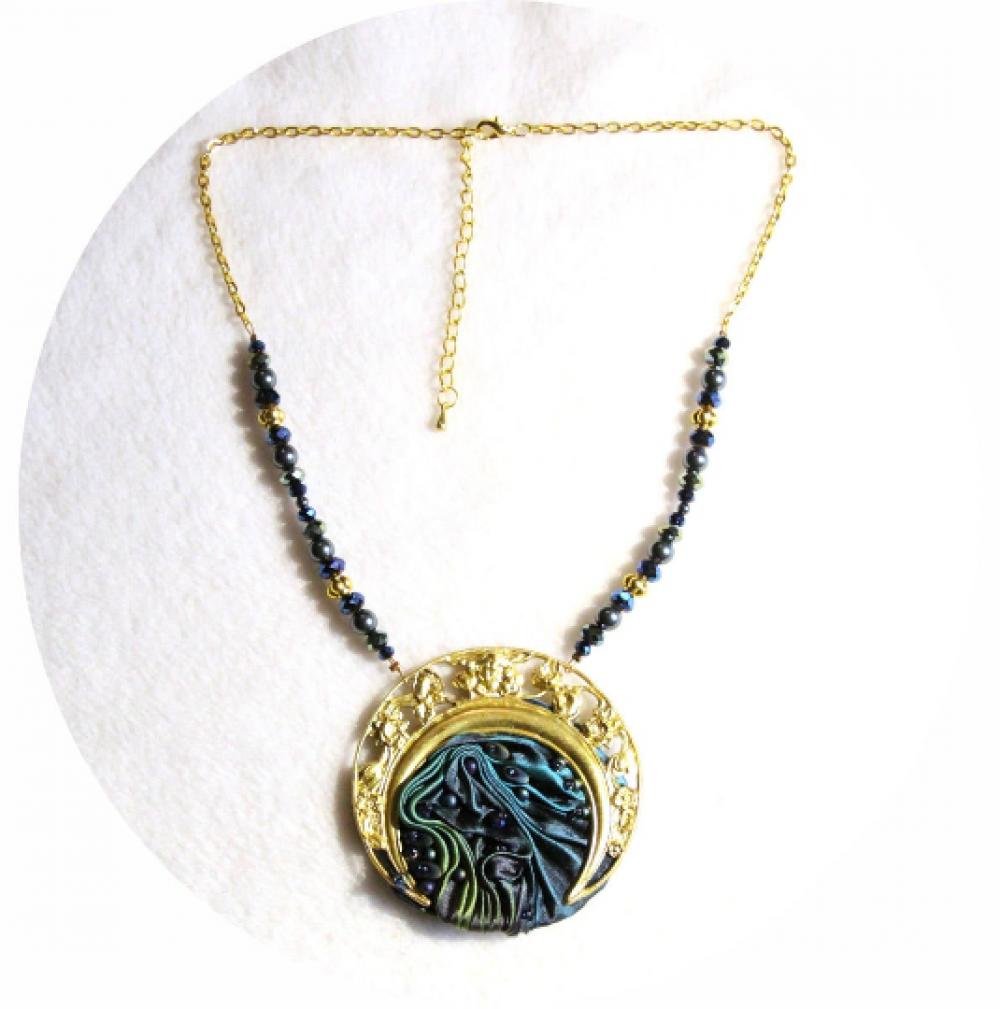 Collier Art nouveau médaillon textile en soie shibori bleu vert paon et laiton doré--9995592221852
