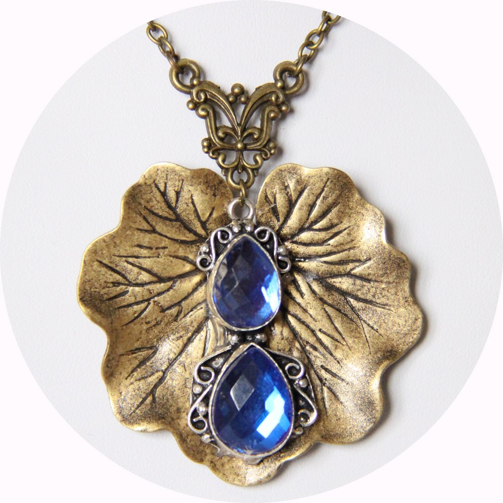 Collier Art Nouveau nenuphar bronze bleu saphir--9996075897595
