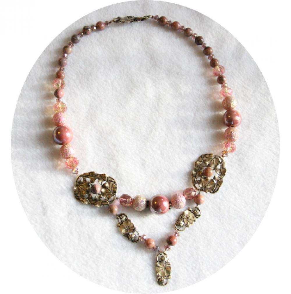 Collier Art Nouveau nenuphar bronze et rose en perles de ceramique rose et verre de boheme--9995581221146
