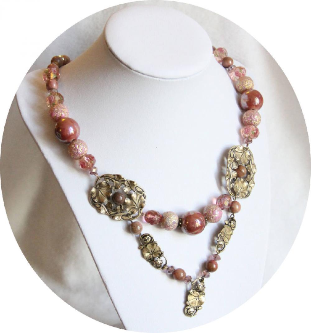Collier Art Nouveau nenuphar bronze et rose en perles de ceramique rose et verre de boheme--9995581221146