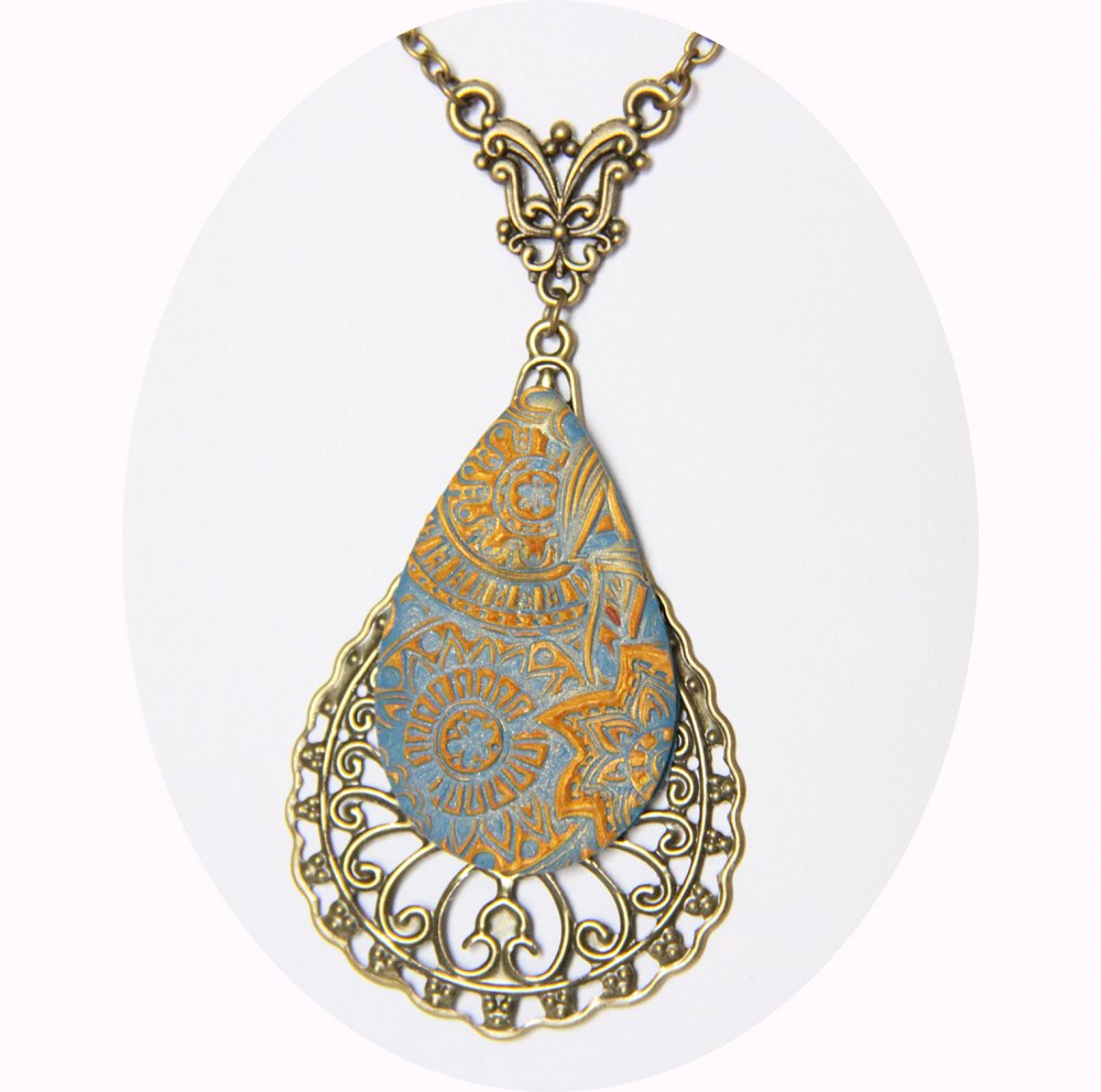 Collier pendentif léger goutte bleu azur et bronze--9995941069340