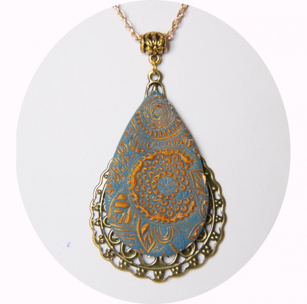 Collier pendentif léger goutte bleu azur et bronze--9995941052830