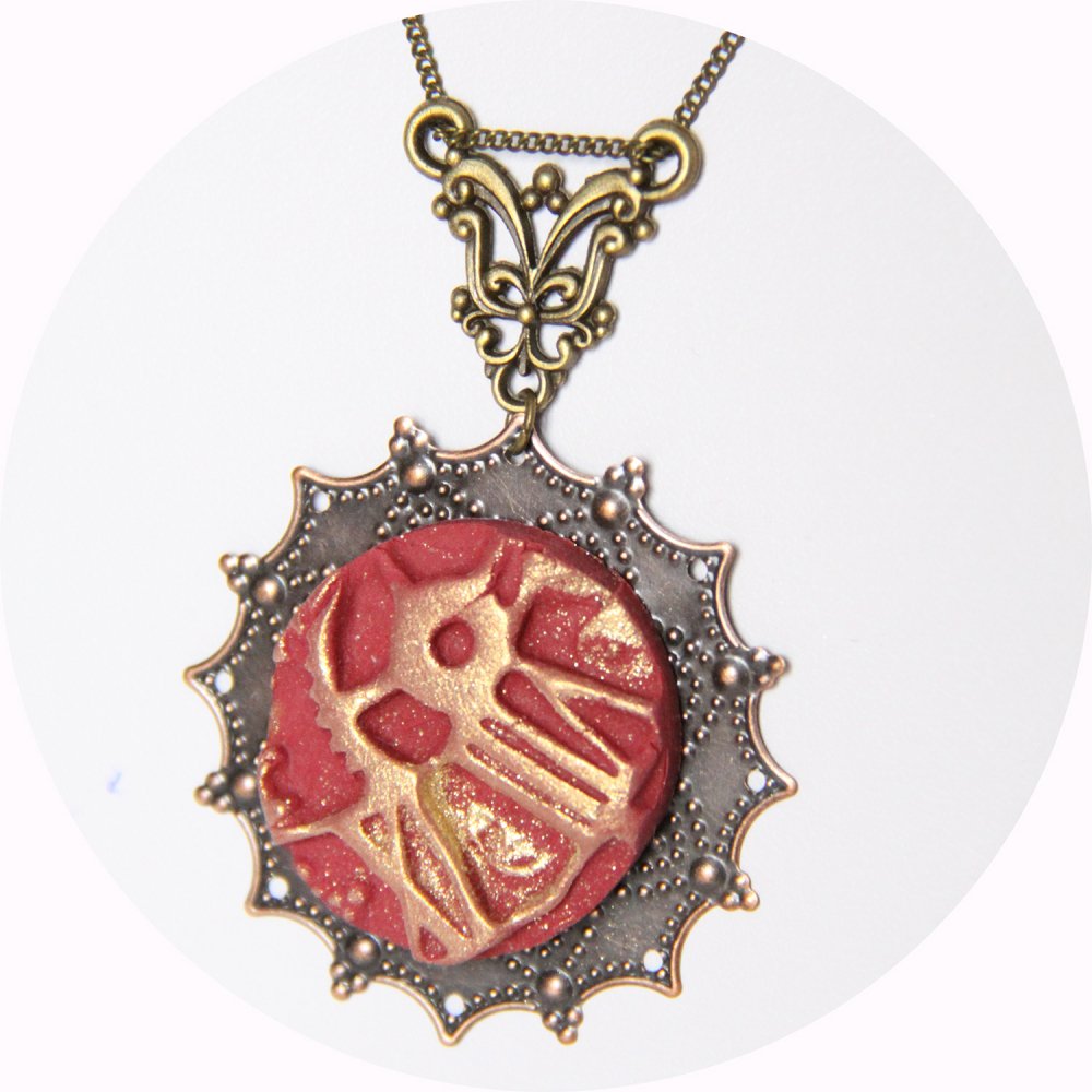 Collier pendentif léger rond rouge et or steampunk--9995941071251