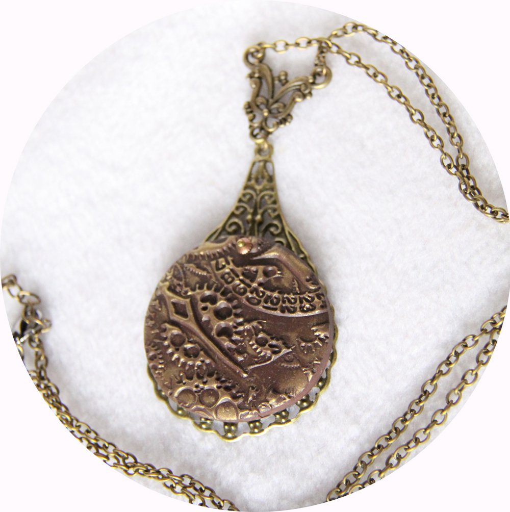 Collier pendentif léger rond marron et or steampunk sur goutte bronze--9995941250243