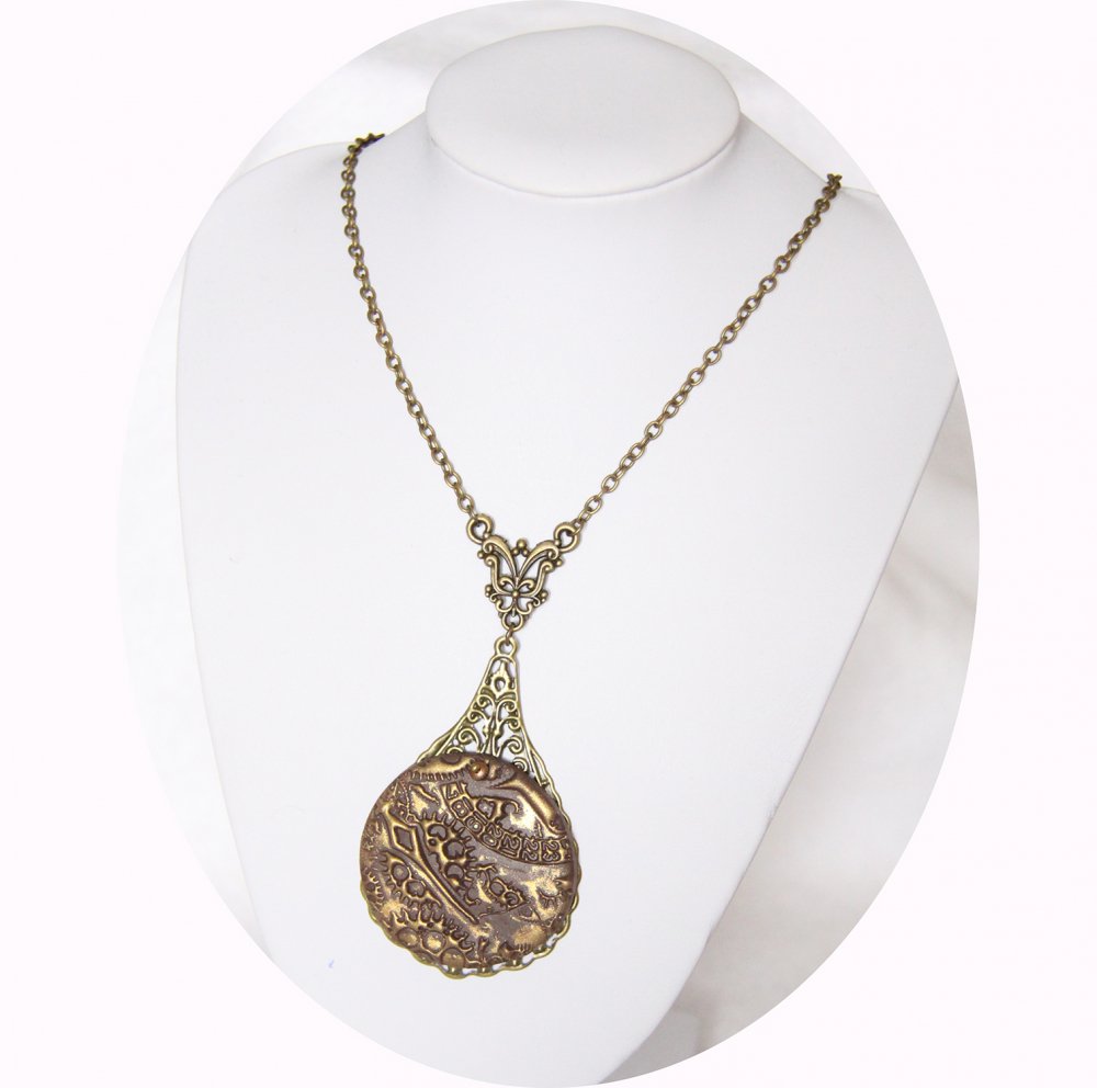 Collier pendentif léger rond marron et or steampunk sur goutte bronze--9995941250243