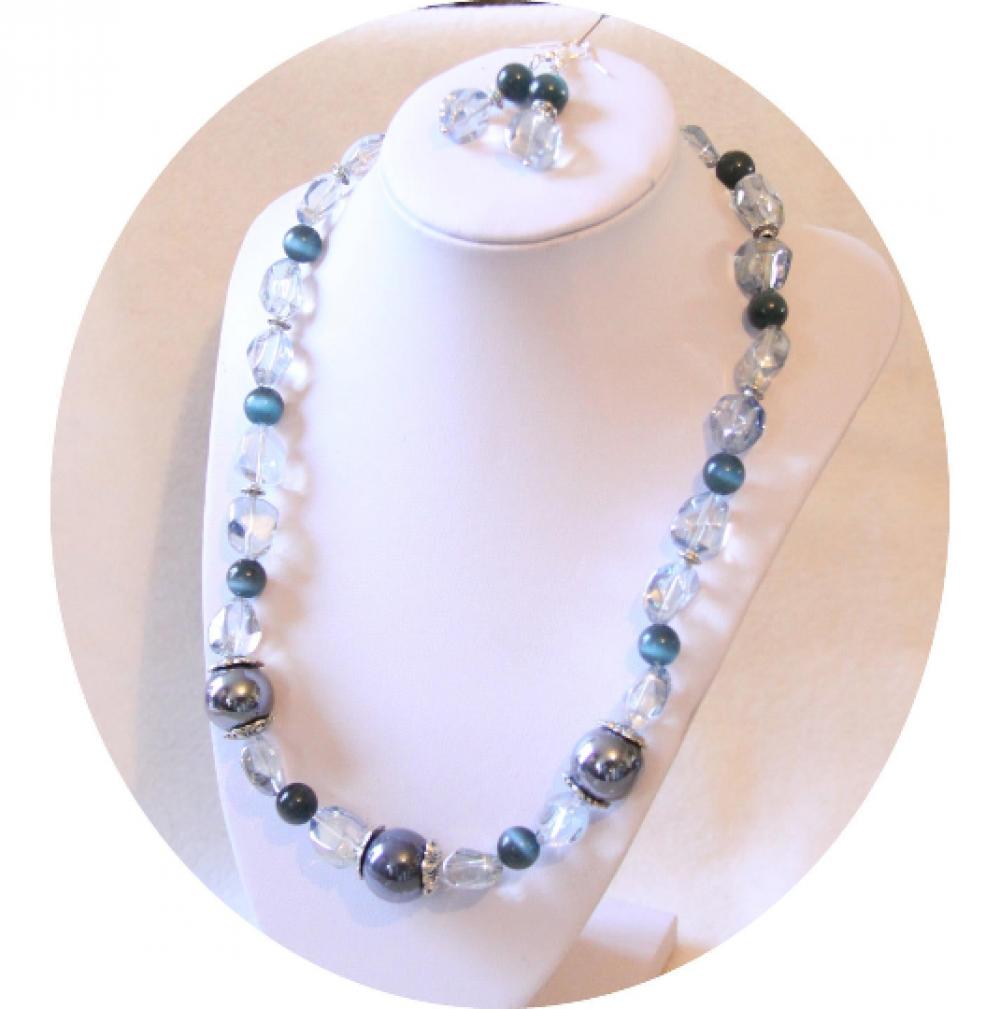 Collier rang de perles en cristal bleu transparent perles oeil de chat bleu canard et perles gris hématite--9995589907455