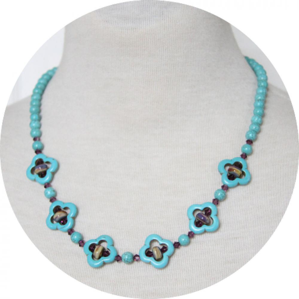 Collier rang de perles turquoise bleu et perles trèfle avec des perles verre filé au chalumeau et cristal violet esprit médiéval--9995592189817