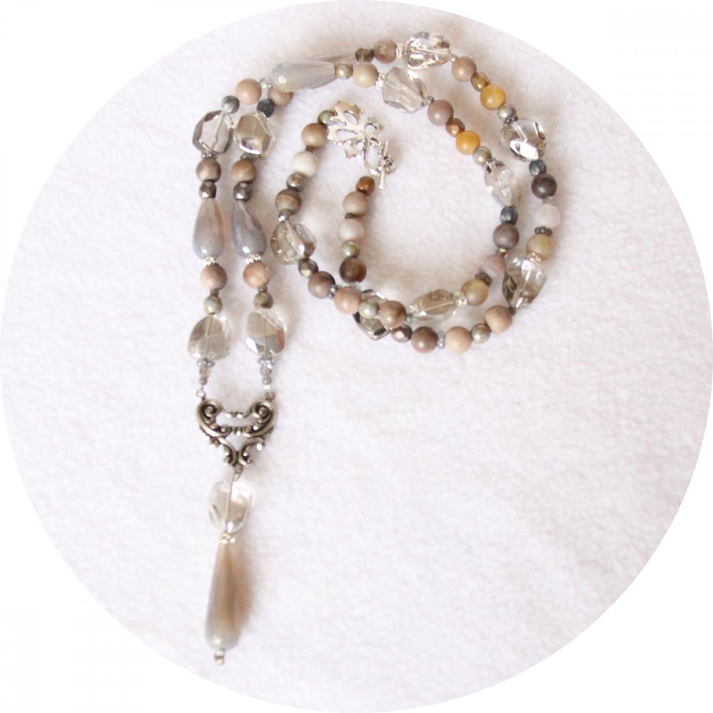 Collier sautoir gris argent en perles d'agate et de cristal--9996147599709