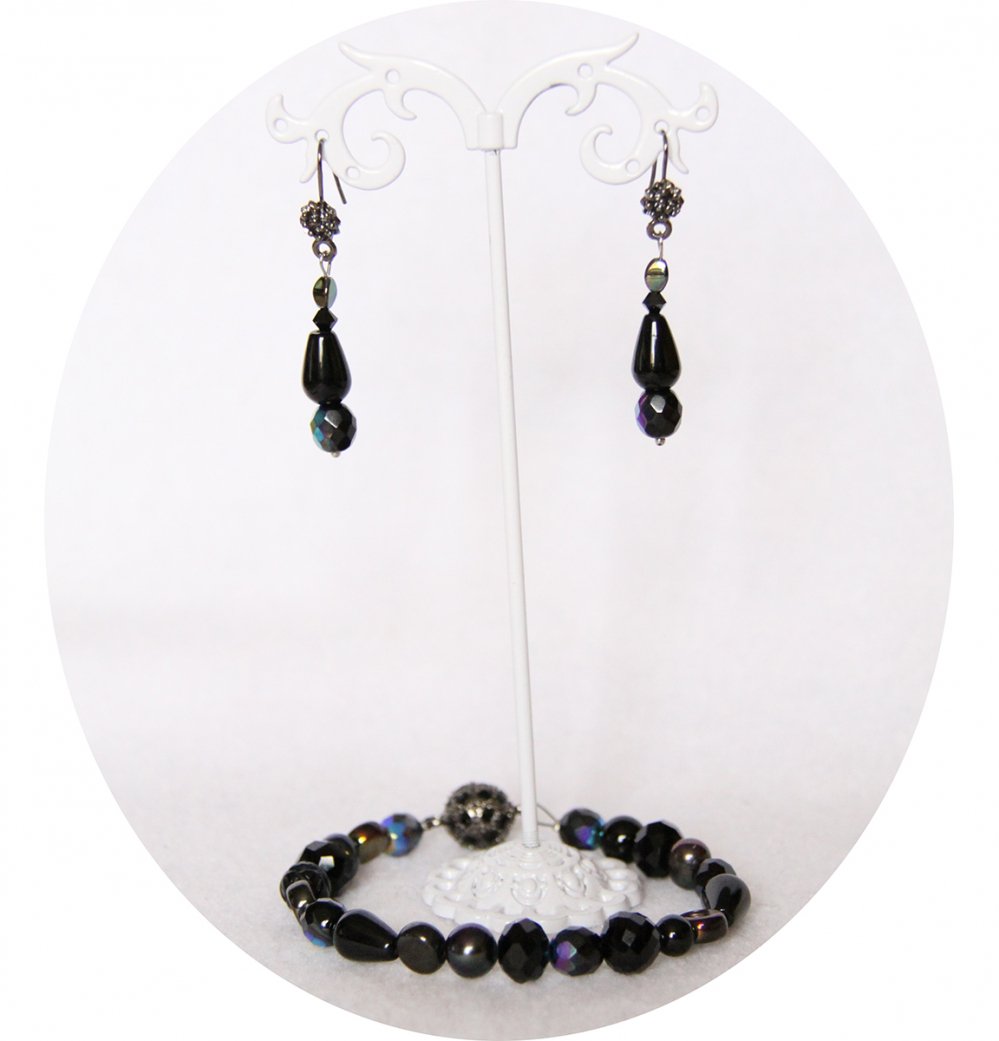 Collier sautoir noir et argent en perles d'agate et de cristal--9996149319091