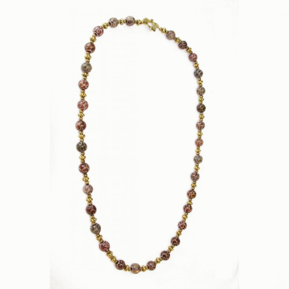 Collier sautoir rouge et or en perles d'agate rouge bordeaux gravées et perles dorées--9995592209256