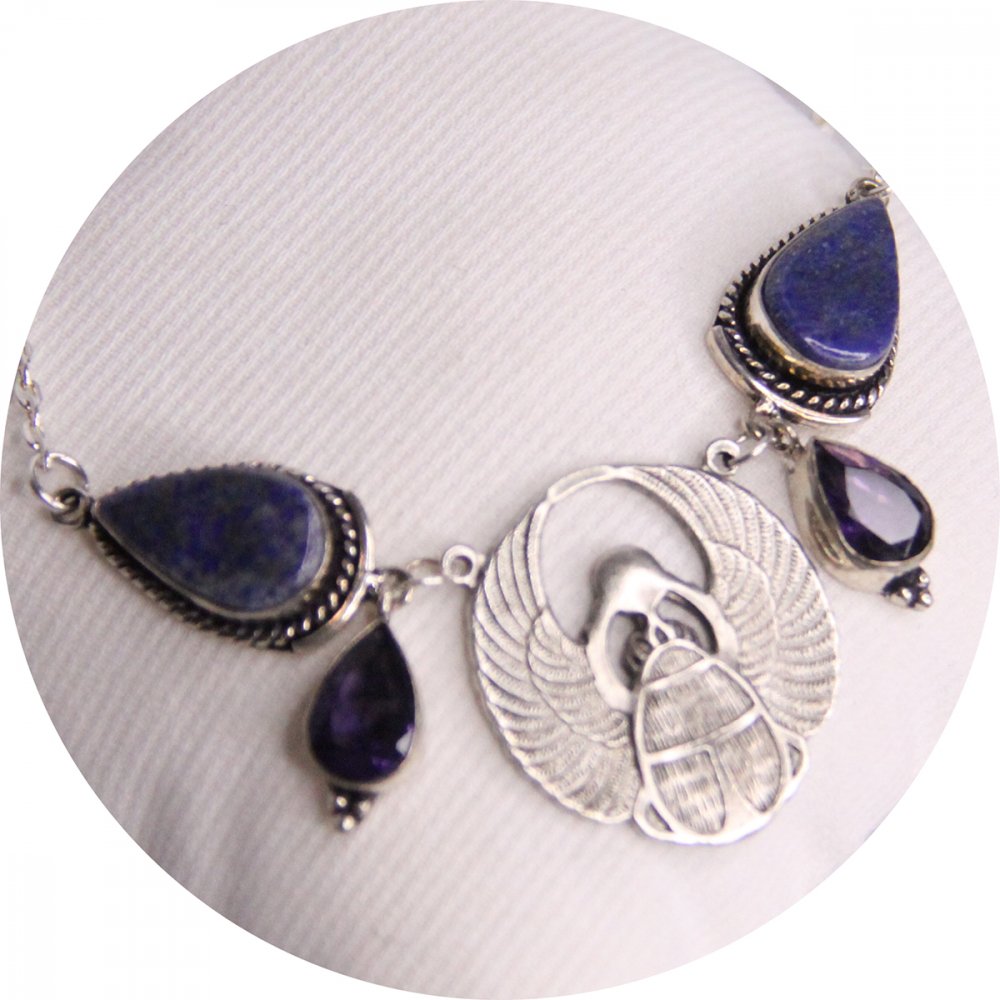 Collier Scarabée argenté bleu en lapis lazuli--2226745484877