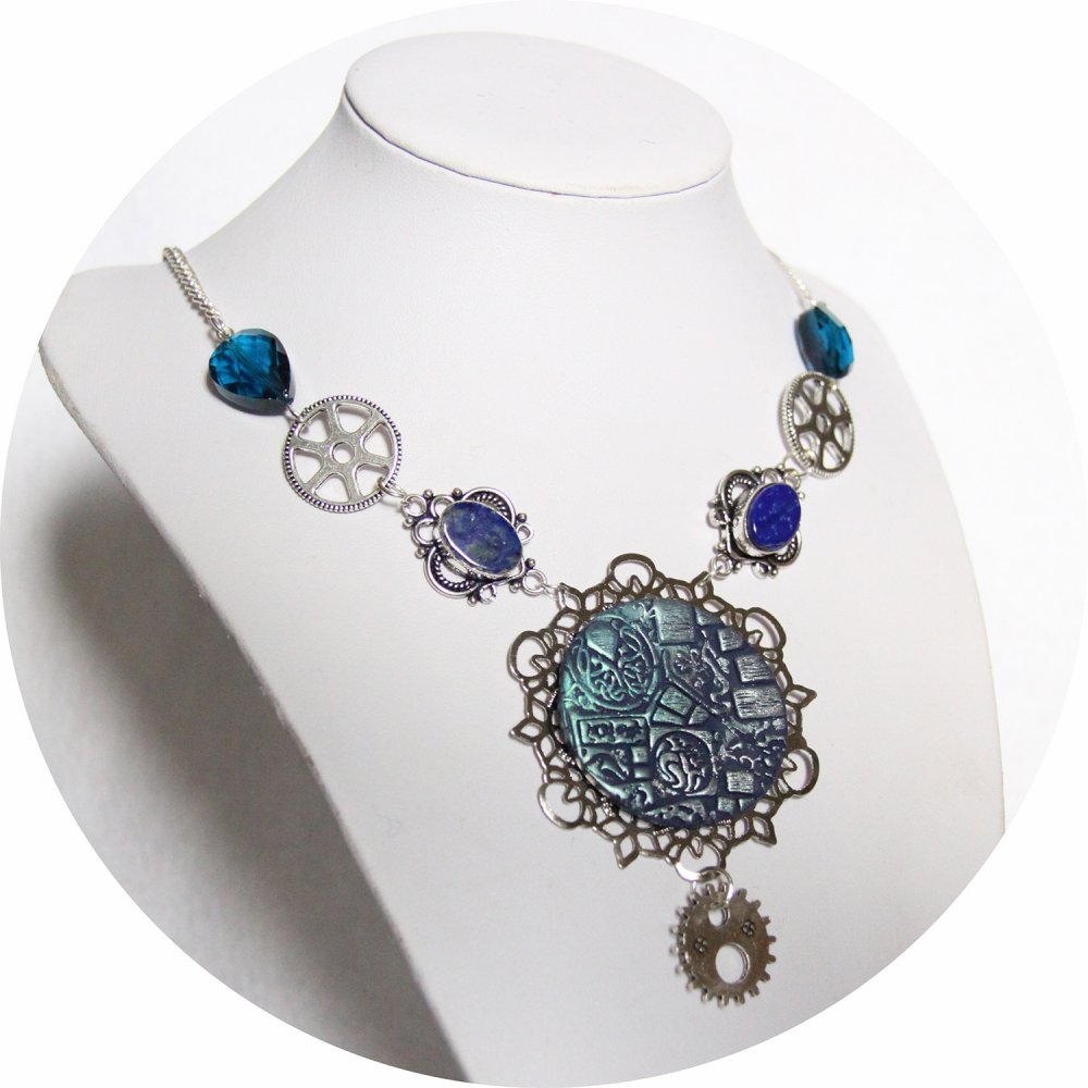 Collier Steampunk collection Cthulhu médaillon kraken bleu argent et cristal--9995846096335