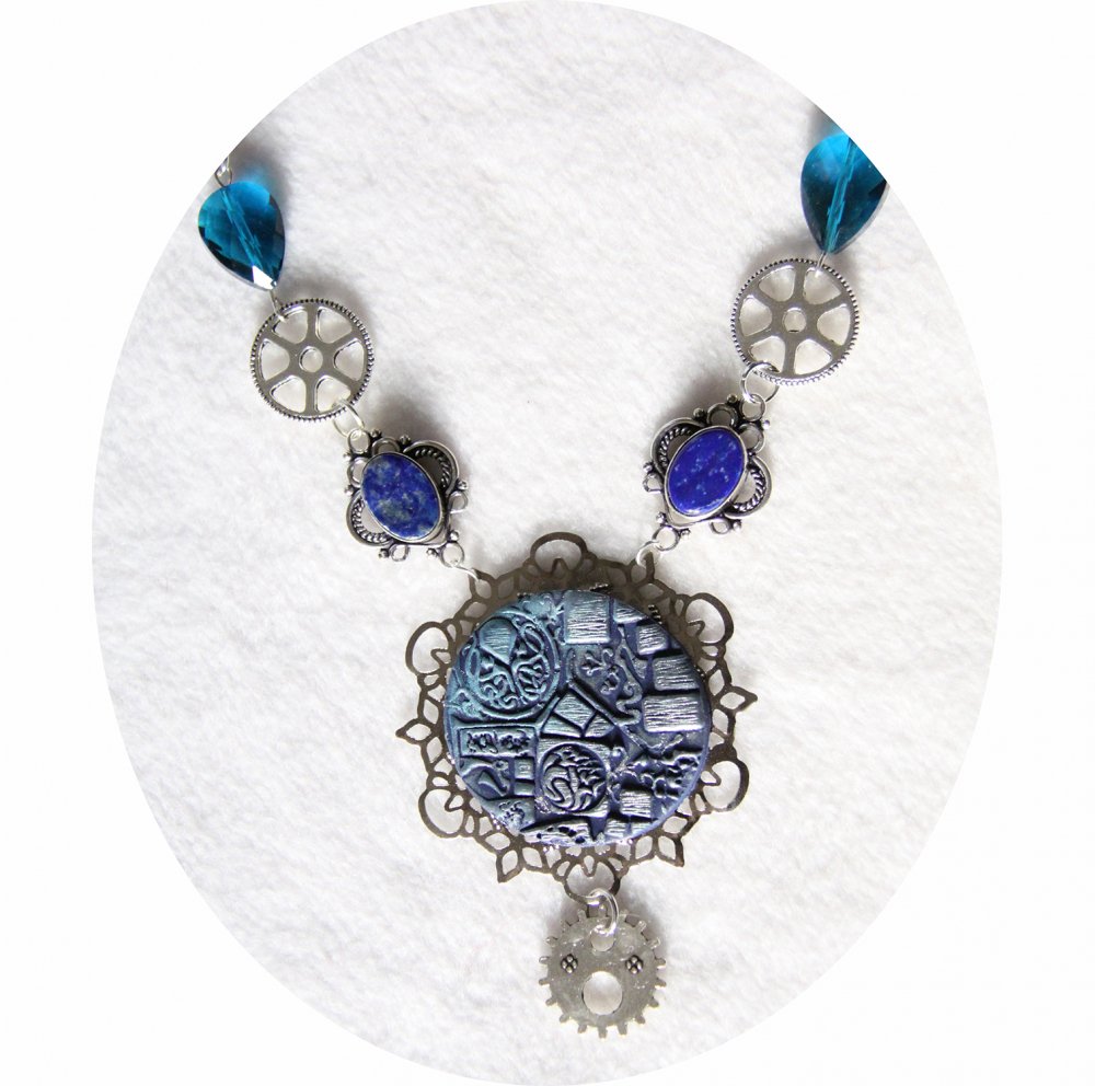 Collier Steampunk collection Cthulhu médaillon kraken bleu argent et cristal--9995846096335