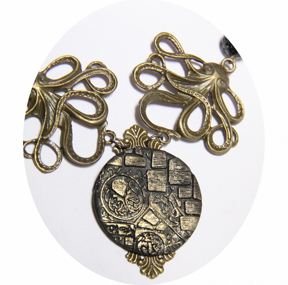 Collier Steampunk collection Cthulhu noir et or médaillon kraken bronze--9995846110512