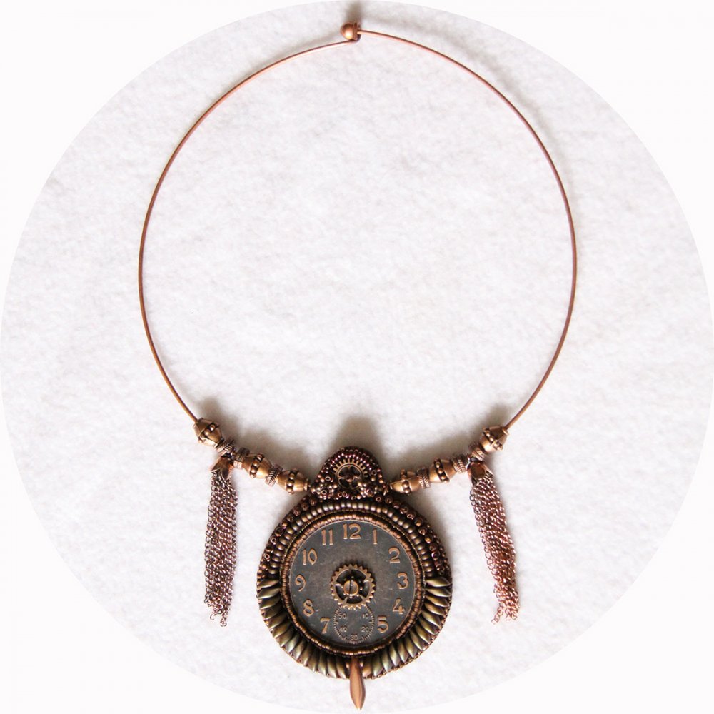 Collier steampunk tour de cou cadran de montre cuivre et en broderie de perles cuivreivre--2226311268061