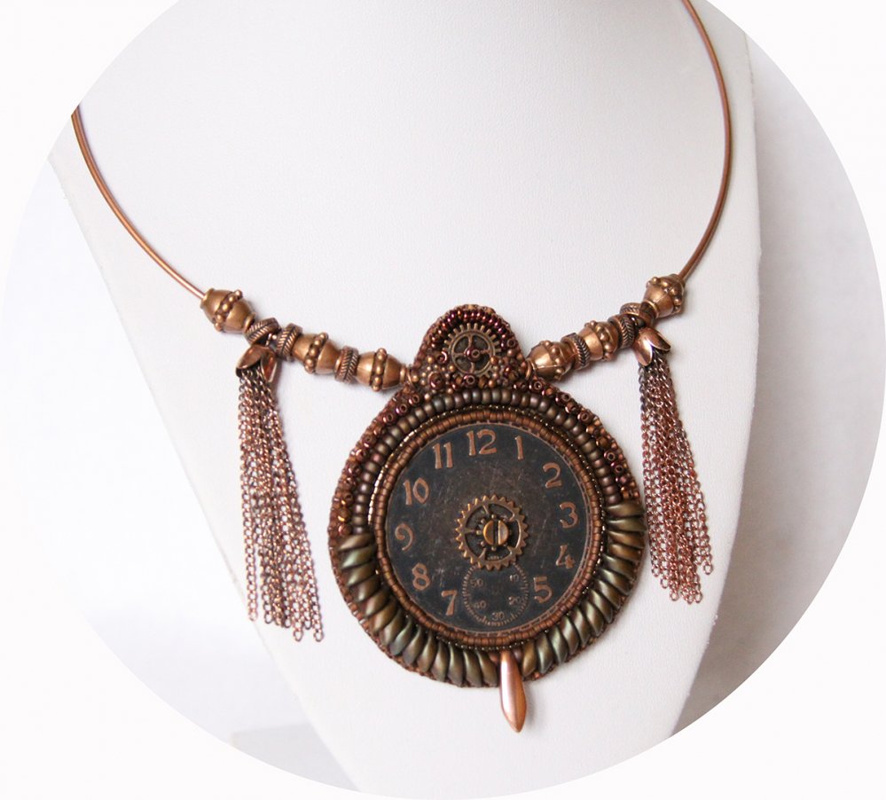 Collier steampunk tour de cou cadran de montre cuivre et en broderie de perles cuivreivre--2226311268061