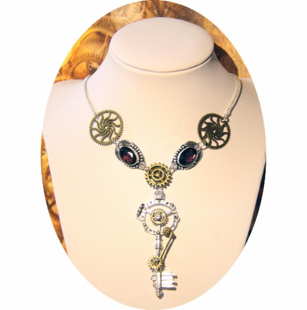 Collier steampunk victorien rouages bronze et cristal mauve améthyste sur monture argent avec pendentif clé rouages--9995592227502