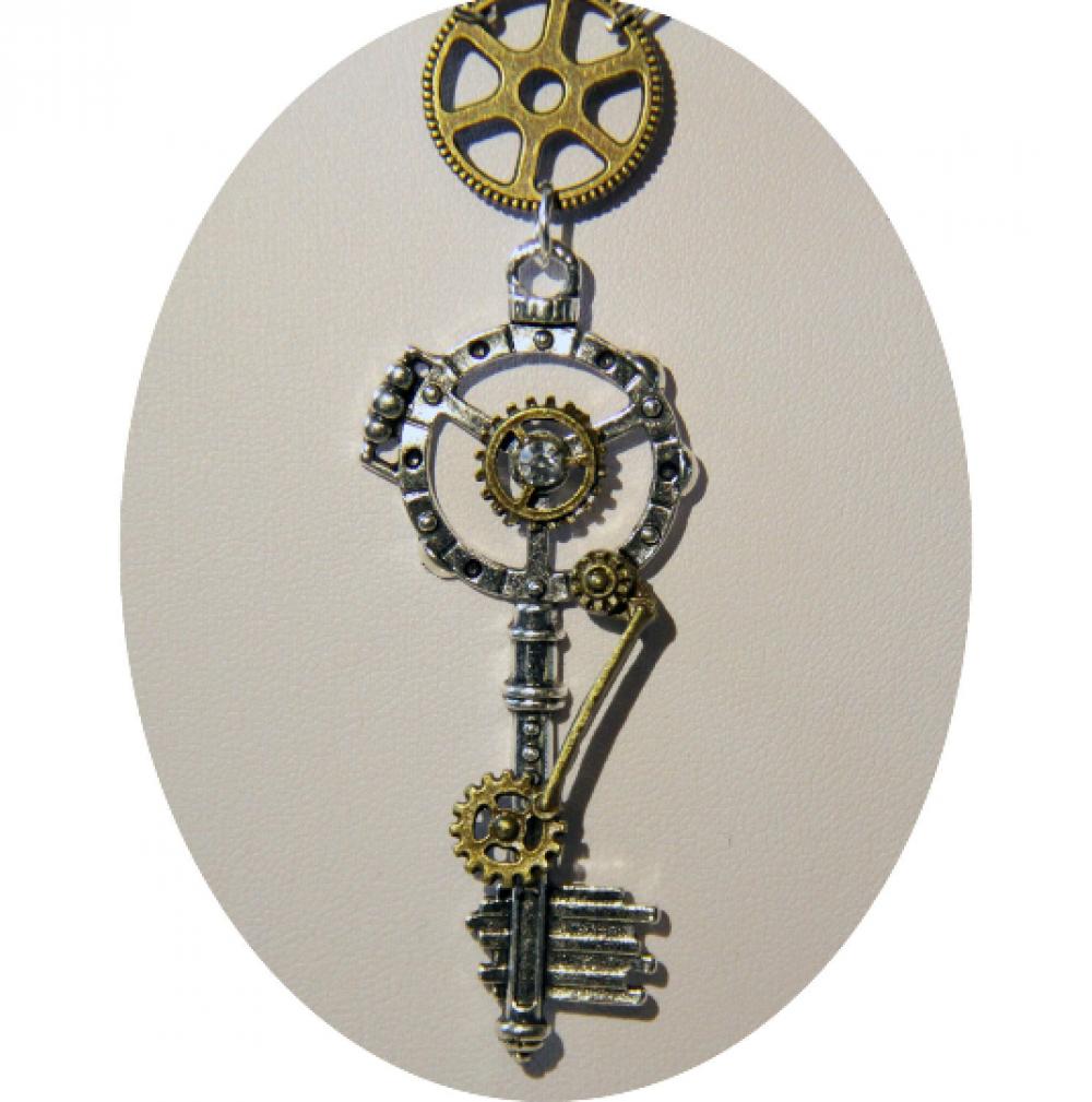 Collier steampunk victorien rouages bronze et cristal mauve améthyste sur monture argent avec pendentif clé rouages--9995592227502