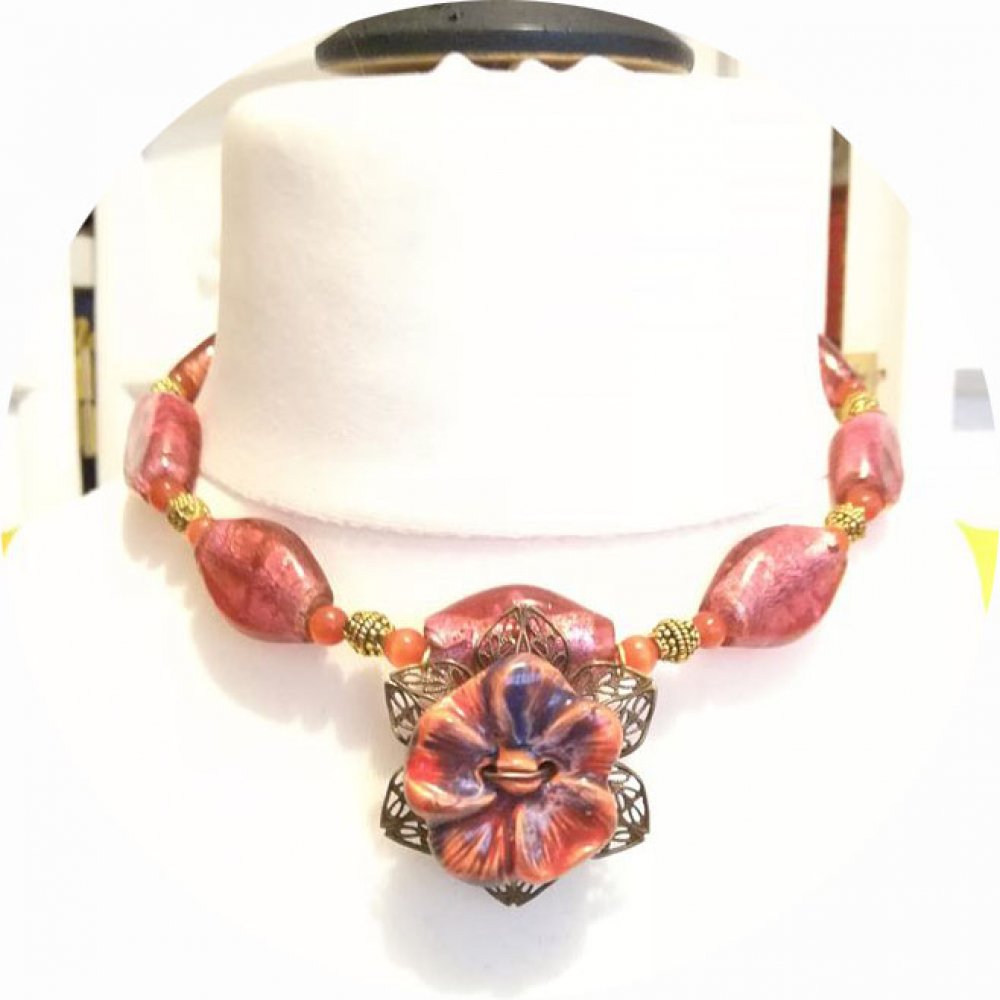 Collier tour de cou rose doré et orange avec perles silver foil et fleur en céramique--9995589867247