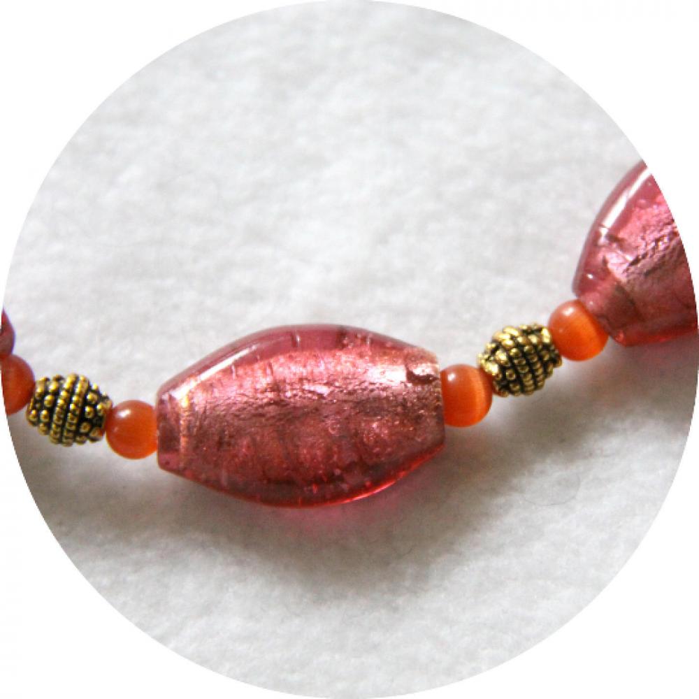 Collier tour de cou rose doré et orange avec perles silver foil et fleur en céramique--9995589867247
