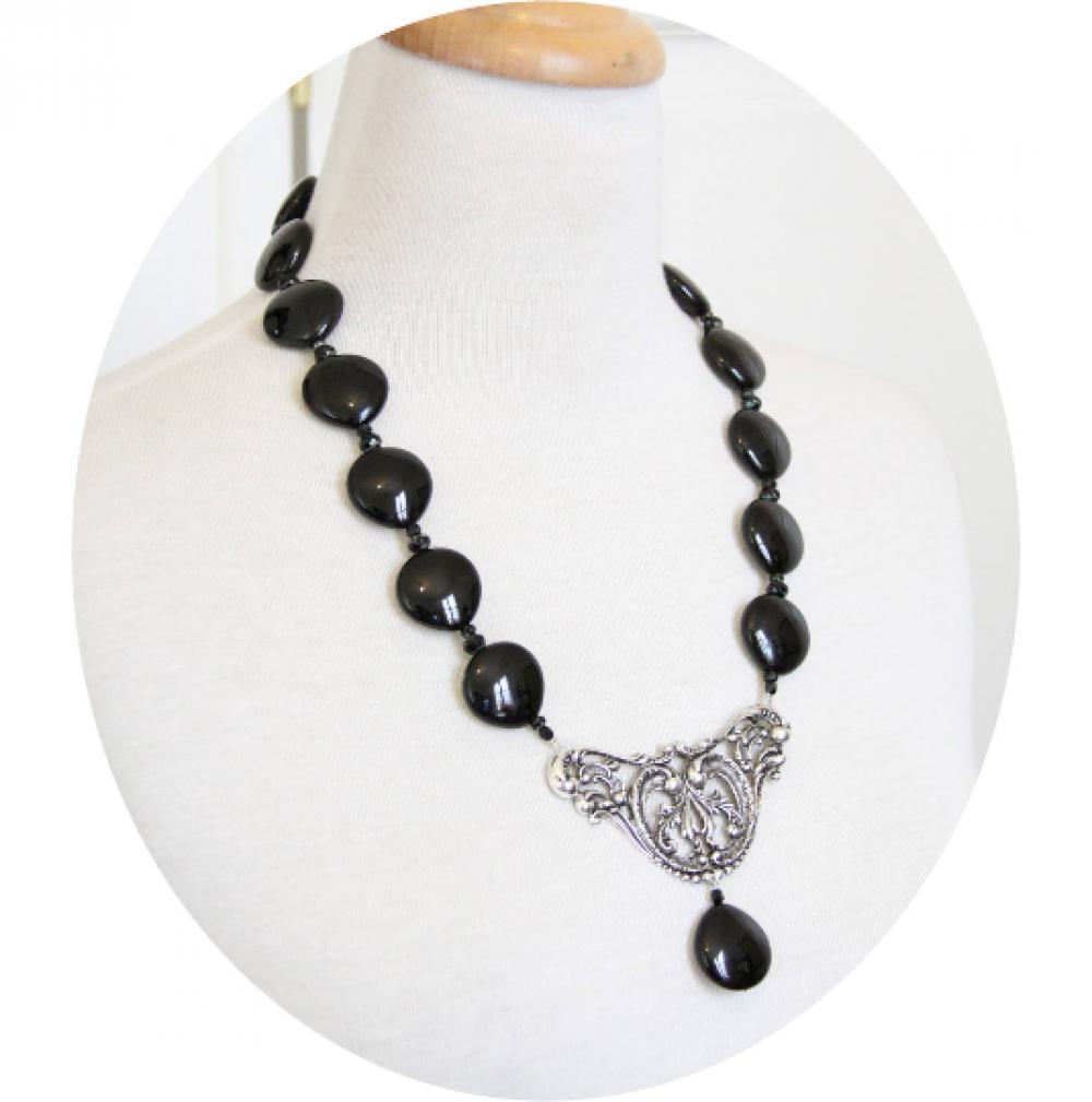 Collier Victorien gothique  en perles goutte d'agate noire et estampe argent--9995589924483