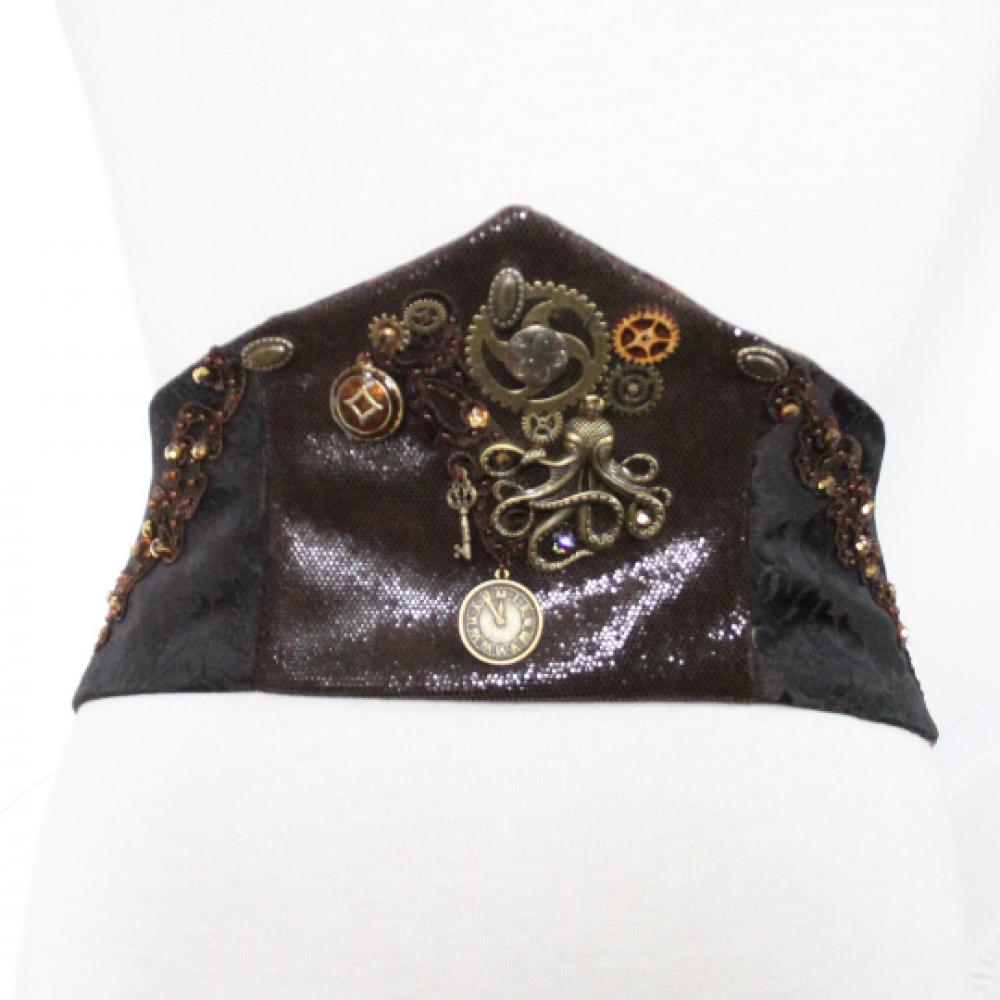 Corset Serre-taille Steampunk marron en cuir et brocard marron brodée main avec pieuvre horloge et rouages bronze--9995576897103