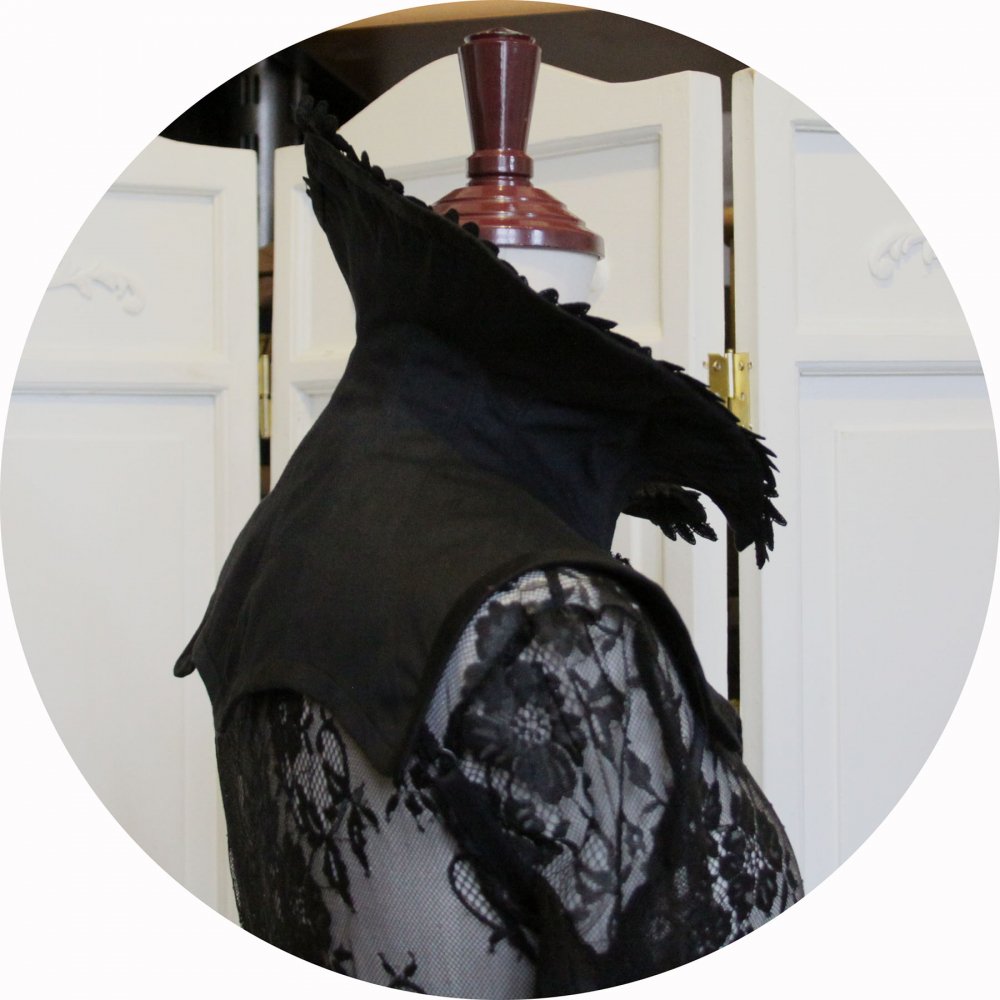 Col steampunk gothique en coutil noir avec bordure en guipure--9995867013298