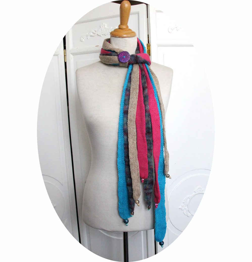 Echarpe en laine multirang en laine alpaga bleu laine rose et mohair avec bouton irisé--2226328970155