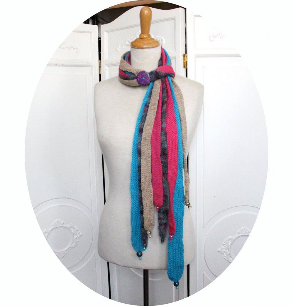 Echarpe en laine multirang en laine alpaga bleu laine rose et mohair avec bouton irisé--2226328970155