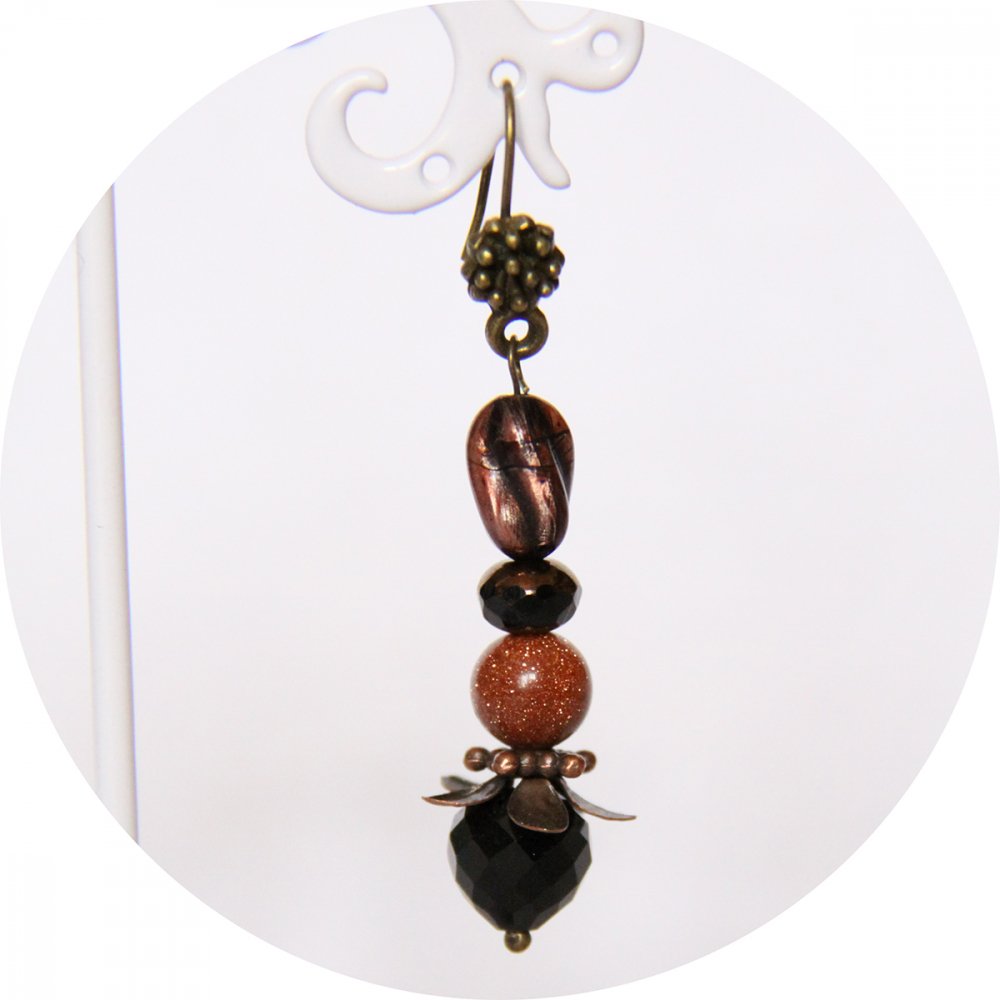 Ensemble bracelet et boucles d'oreilles en perles noires et cuivre--9996127065132