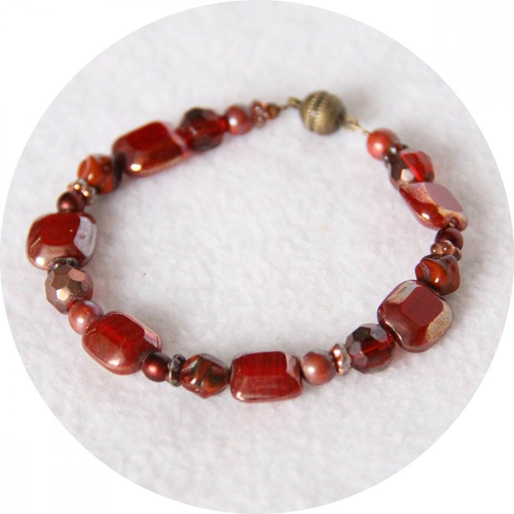 Ensemble bracelet et boucles d'oreilles en perles rouges et cuivre--9996127072635