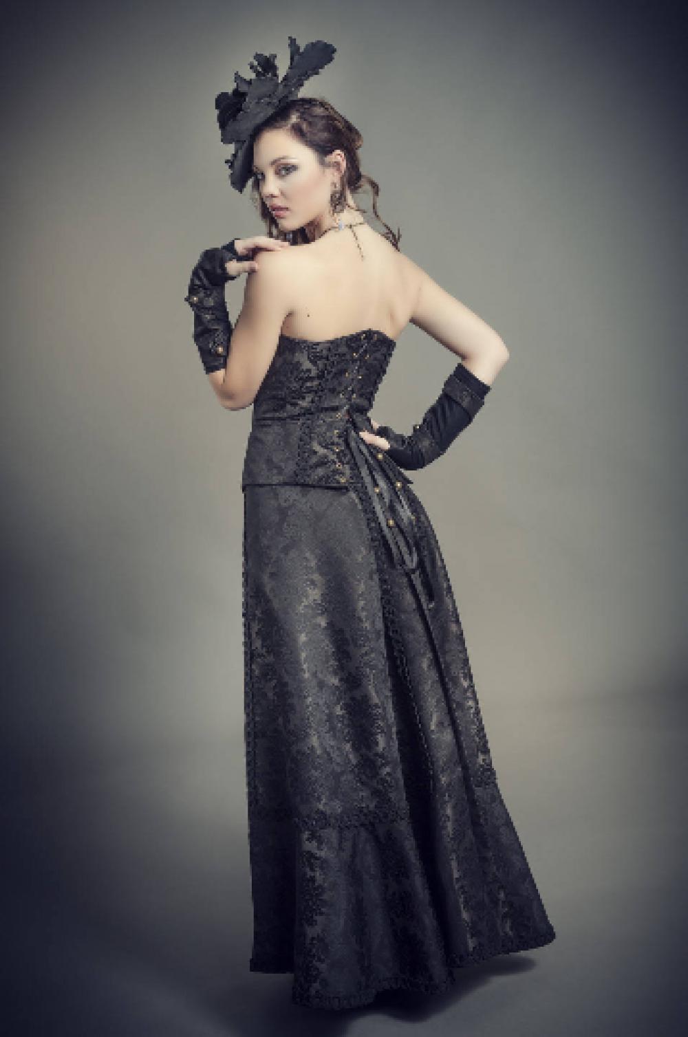 Ensemble bustier style corset et jupe longue et manchettes Belle Epoque en brocard marron et noir--9995541104861