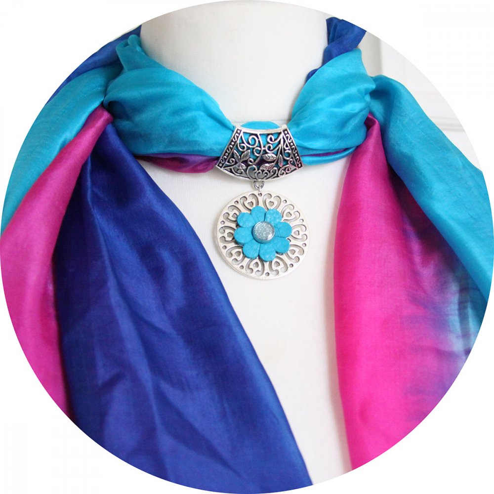 Etole foulard bijou bleu turquoise et rose en mousseline de soie et bijou fleur--2226413935199