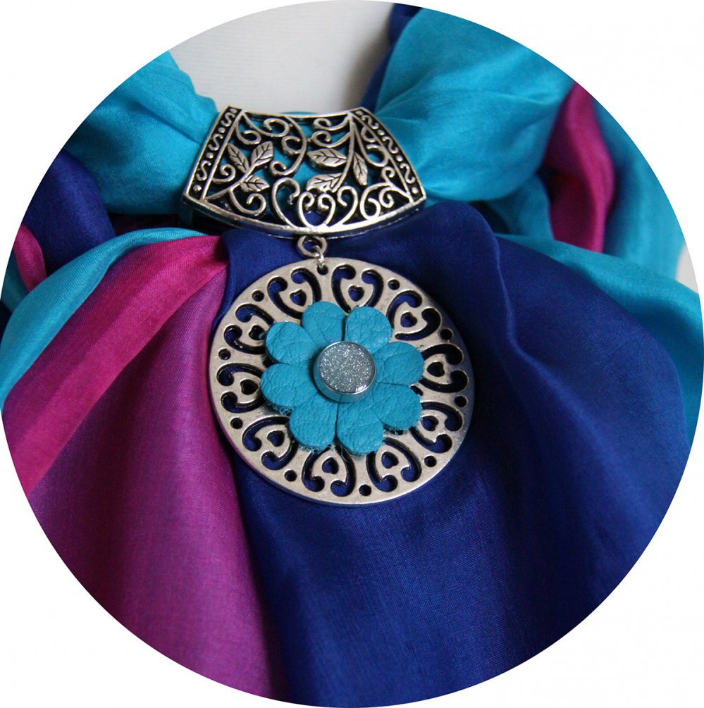 Etole foulard bijou bleu turquoise et rose en mousseline de soie et bijou fleur--2226413935199