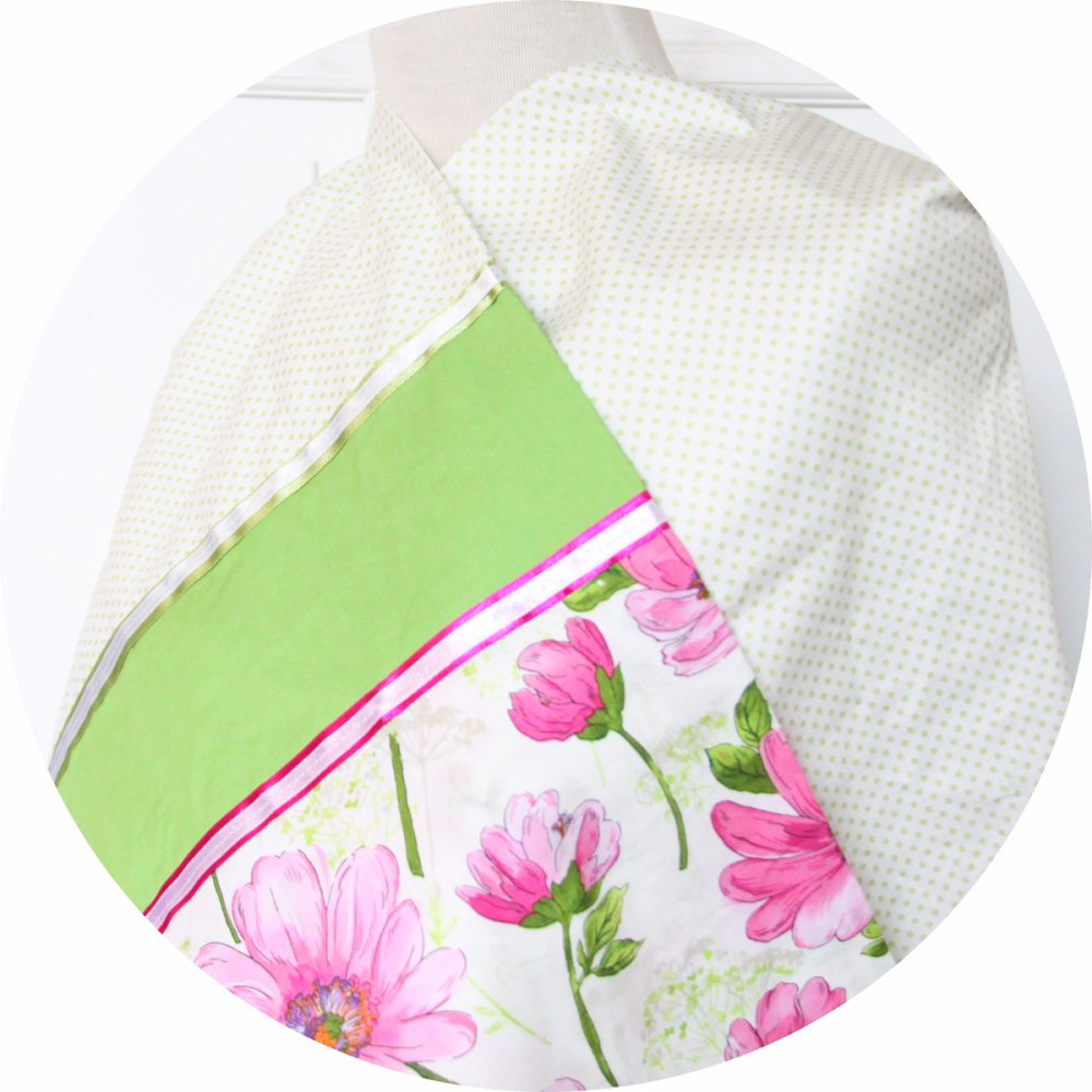 Etole en coton blanc à pois verts et imprimé fleurs roses--9995983425951