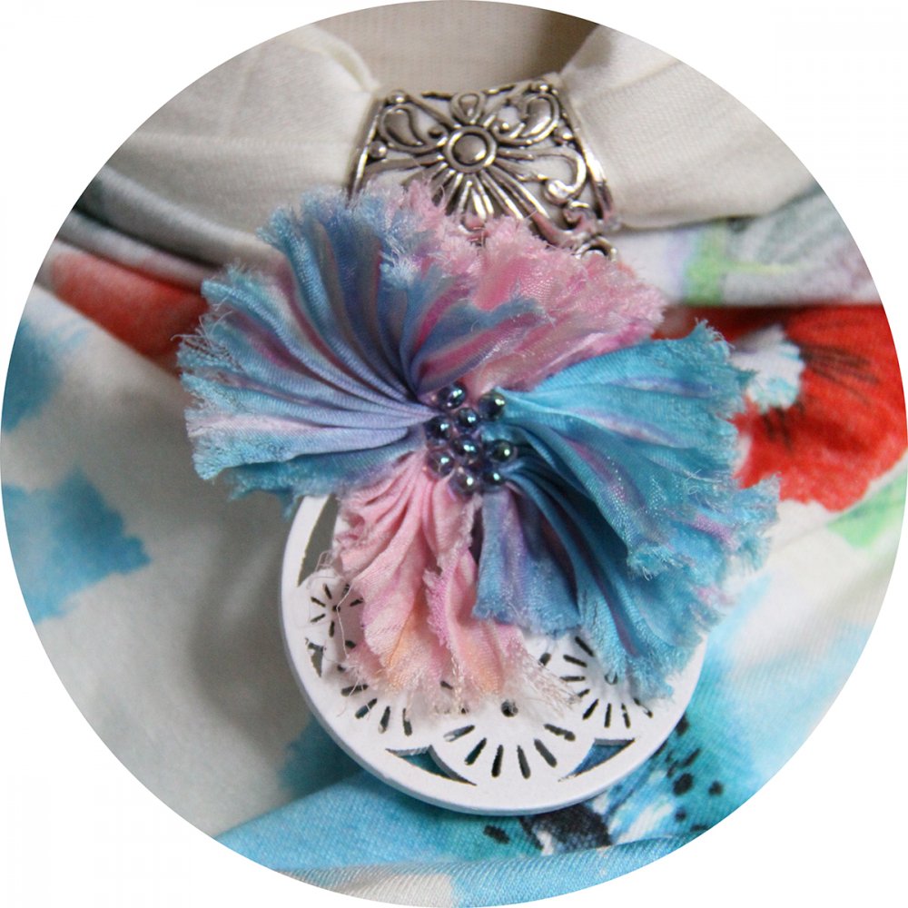Etole foulard bijou blanc rose et bleu et fleur en soie--2226737074802