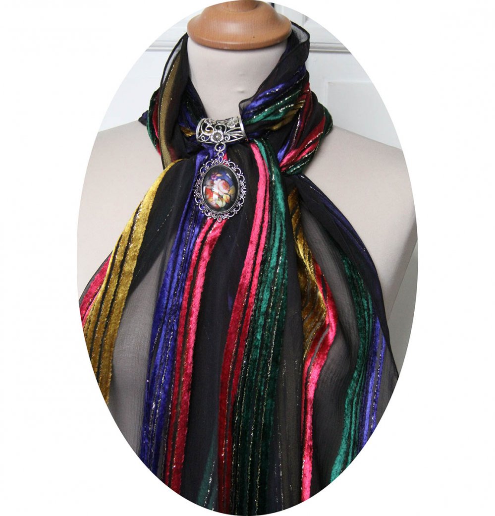 Etole foulard bijou noire en mousseline de soie dévorée et bijou fleur russe--2226736868792